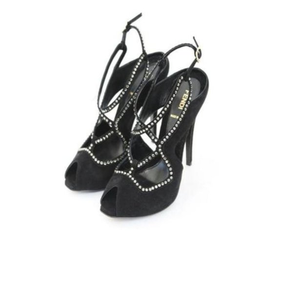 NEW FENDI AURORA BLACK SUEDE & SWAROVSKI CRYSTAL STRAPPY SANDALS SIZE 9 / 39 - Picture 5 of 7